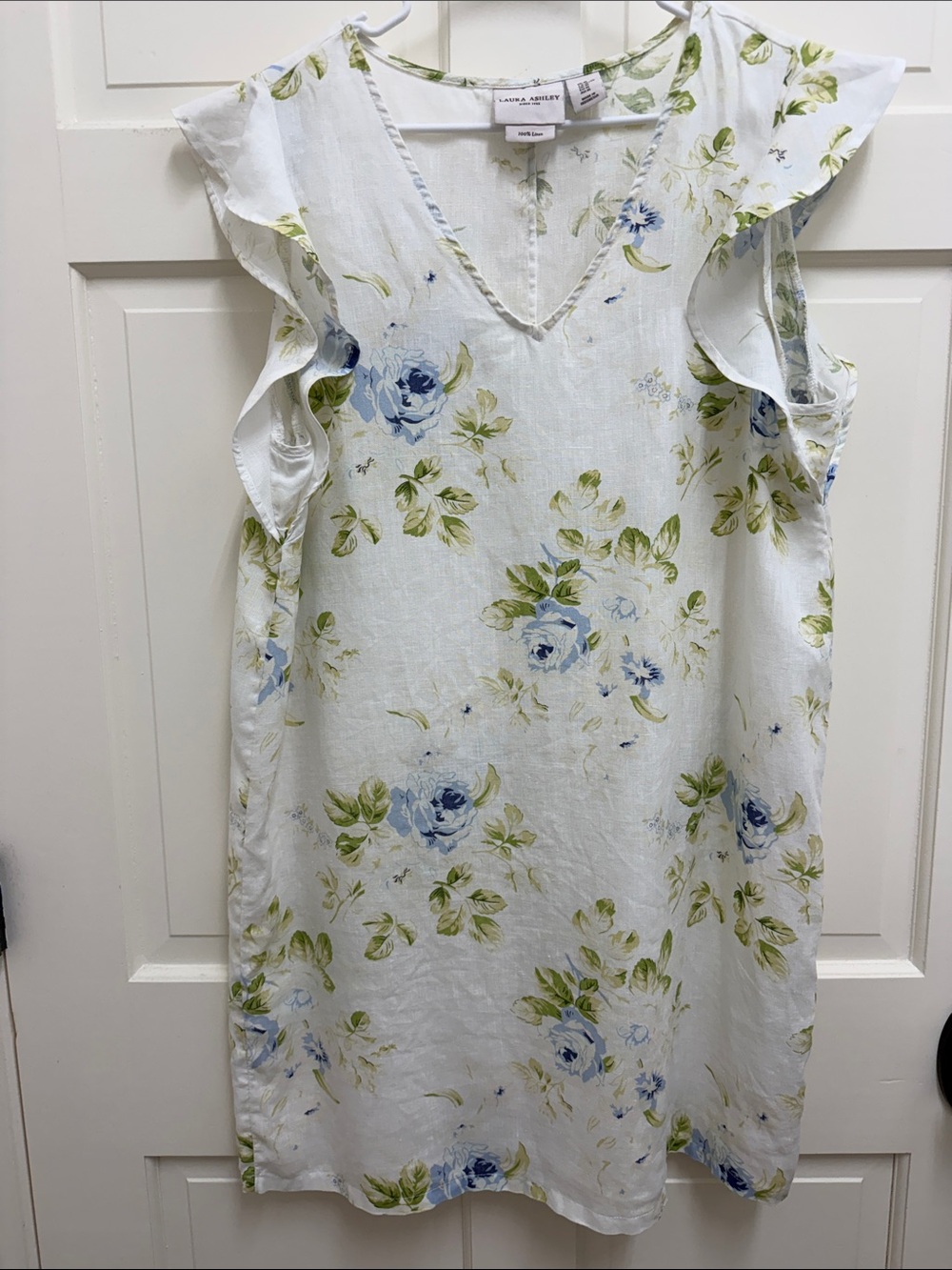 Laura Ashley 100% Linen White Floral V-Neck Ruffle Sleeve Dress